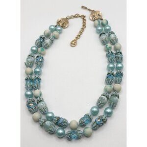 Unusual Blue‎ Beaded Floral Bead Caps Double Strand Necklace
